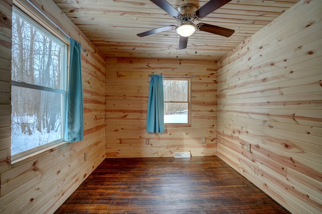 spare room featuring dark wood-style floors, wooden ceiling, wooden walls, and a ceiling fan