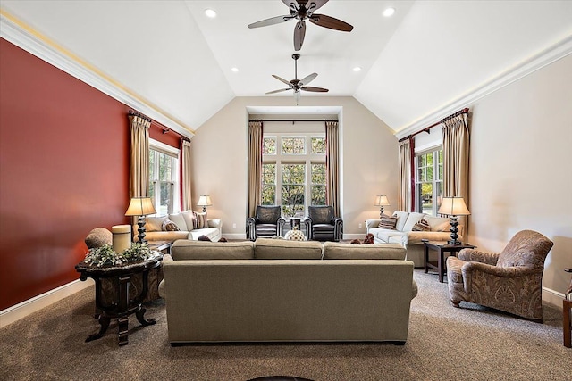 carpeted living area with lofted ceiling, baseboards, and recessed lighting