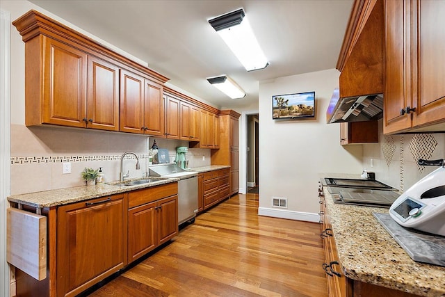 kitchen featuring custom exhaust hood, a sink, visible vents, and brown cabinets