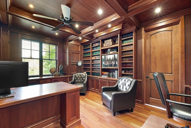 office area featuring built in shelves, crown molding, wooden walls, wooden ceiling, and coffered ceiling