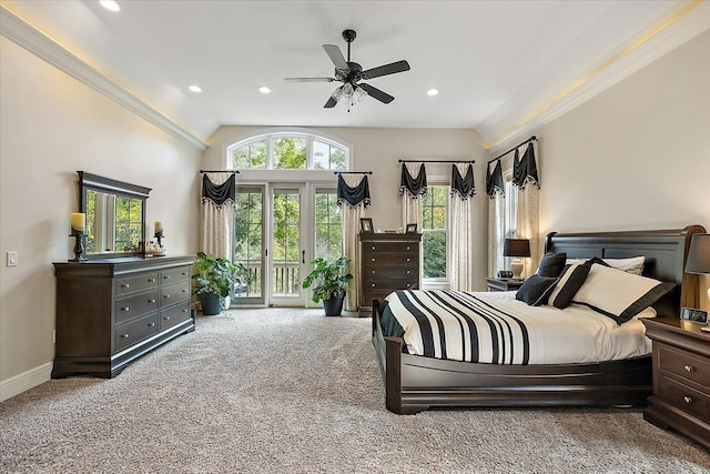 bedroom featuring baseboards, recessed lighting, carpet, and access to exterior