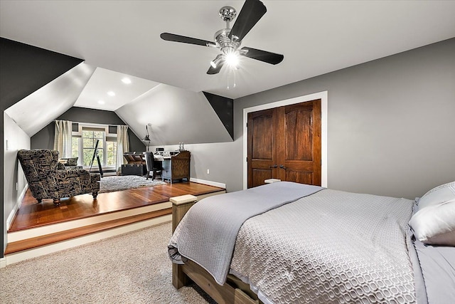 bedroom featuring carpet, lofted ceiling, recessed lighting, a ceiling fan, and baseboards