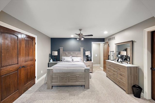 bedroom with recessed lighting, visible vents, light carpet, ceiling fan, and baseboards