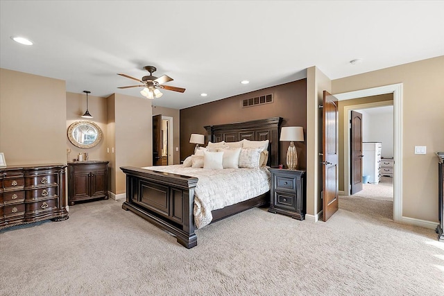 bedroom with light carpet, baseboards, visible vents, ceiling fan, and recessed lighting