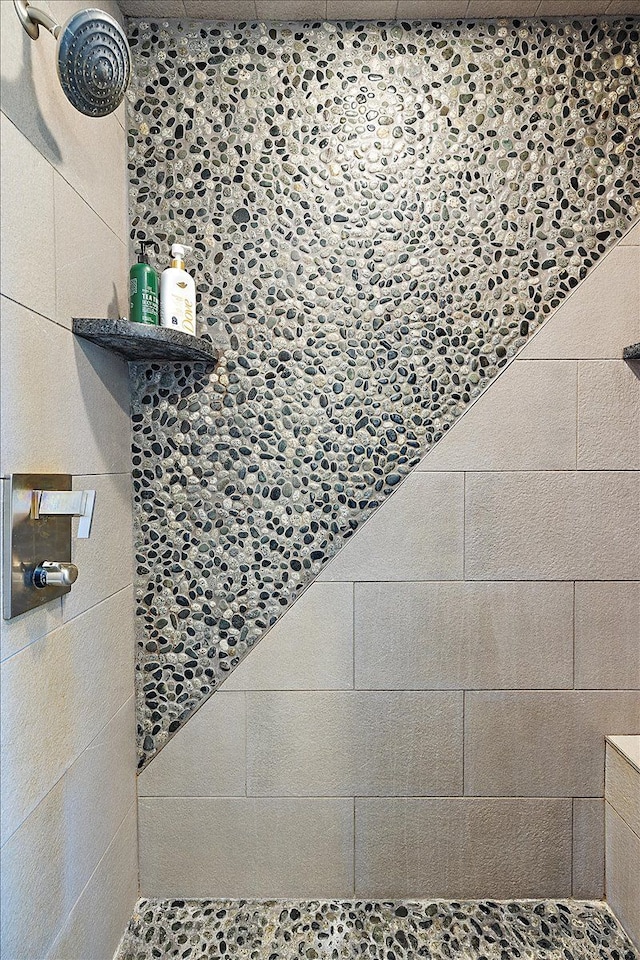 interior details featuring a tile shower