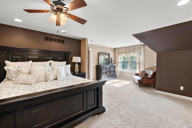 bedroom with baseboards, recessed lighting, visible vents, and light colored carpet