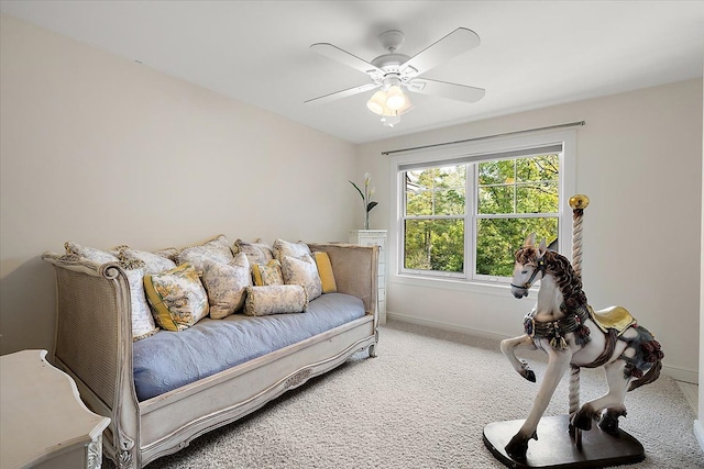 bedroom with carpet flooring, ceiling fan, and baseboards