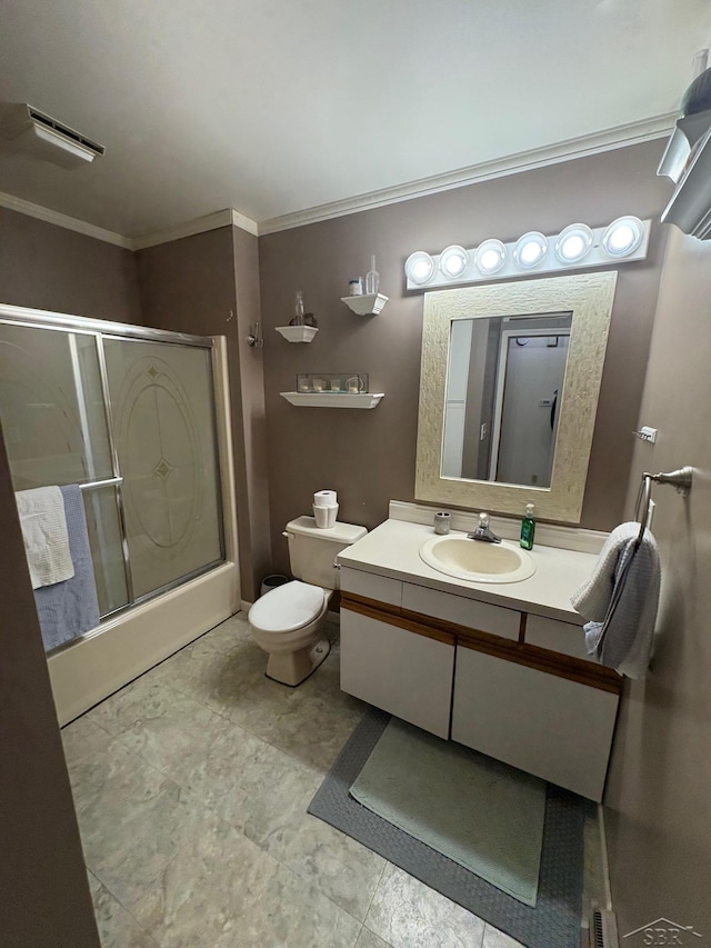 bathroom with a stall shower, visible vents, toilet, crown molding, and vanity