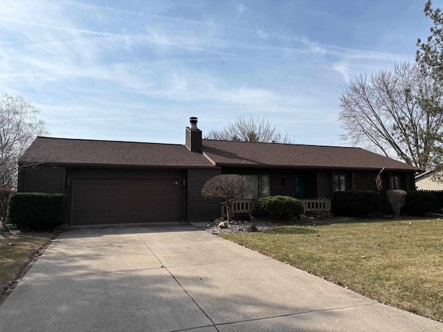 ranch-style home featuring concrete driveway, a front yard, a shingled roof, a garage, and a chimney