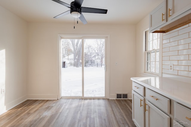 interior space featuring light wood-type flooring, visible vents, plenty of natural light, and baseboards