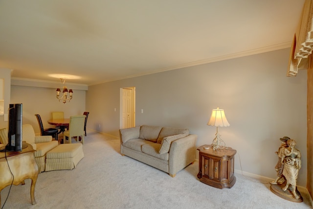 carpeted living area featuring a chandelier, crown molding, and baseboards