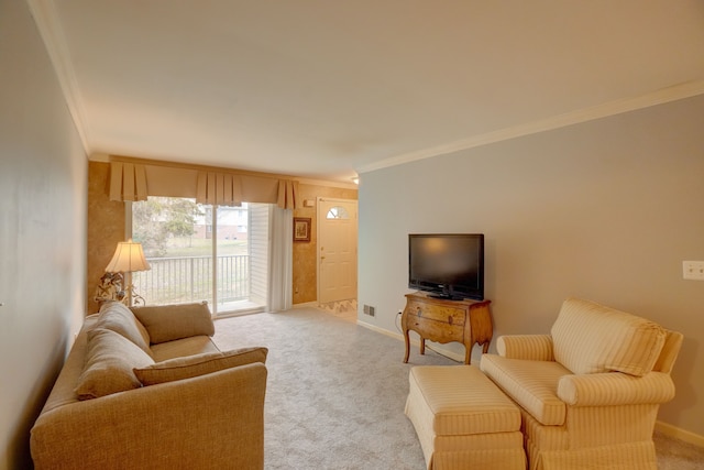 living room featuring light carpet, baseboards, and ornamental molding