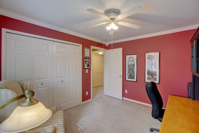 home office with baseboards, light carpet, ceiling fan, and crown molding