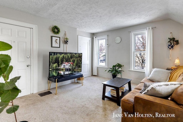 living room featuring light carpet, a textured ceiling, and baseboards