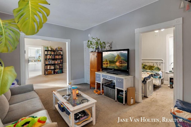 living area featuring light colored carpet