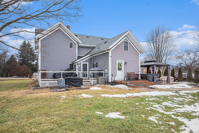 3342 Oak Grove Rd, Howell, MI 48855 - rear view of property with a chimney, roof with shingles, a lawn, a deck, and a gazebo