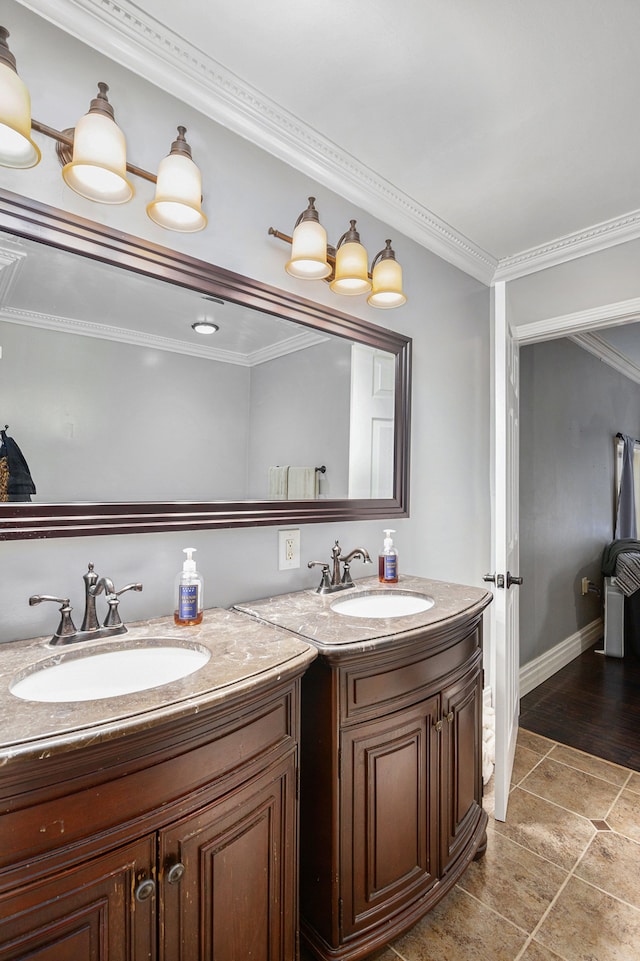 3342 Oak Grove Rd, Howell, MI 48855 - bathroom with baseboards, ornamental molding, and vanity
