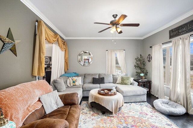 3342 Oak Grove Rd, Howell, MI 48855 - living area featuring ceiling fan, plenty of natural light, ornamental molding, and wood finished floors