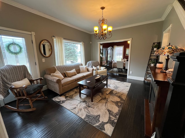 3342 Oak Grove Rd, Howell, MI 48855 - living room featuring ornamental molding, dark wood-style flooring, a notable chandelier, and a wealth of natural light