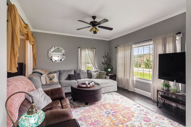 3342 Oak Grove Rd, Howell, MI 48855 - living area with a healthy amount of sunlight, baseboards, ceiling fan, and wood finished floors
