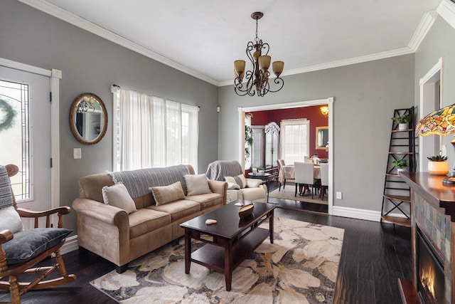 3342 Oak Grove Rd, Howell, MI 48855 - living area with crown molding, baseboards, hardwood / wood-style flooring, and a chandelier