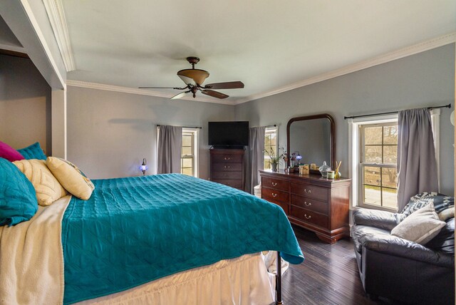 3342 Oak Grove Rd, Howell, MI 48855 - bedroom featuring crown molding, ceiling fan, and dark wood-type flooring