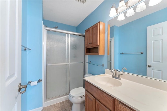 bathroom featuring visible vents, toilet, a shower stall, vanity, and tile patterned flooring