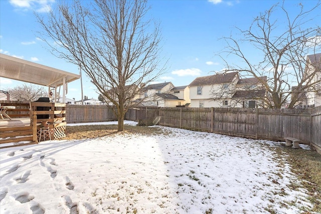 yard layered in snow featuring a fenced backyard