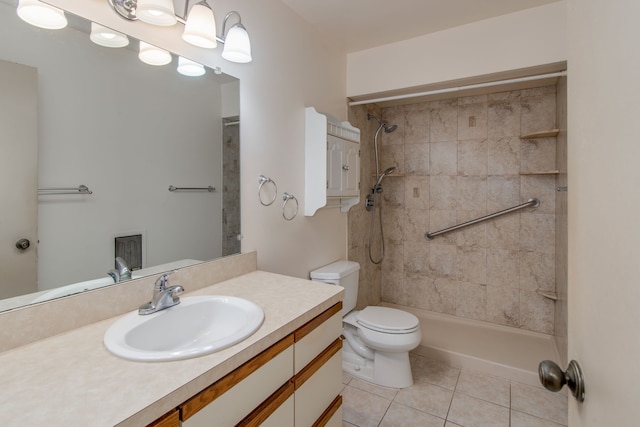 full bath with walk in shower, vanity, toilet, and tile patterned floors