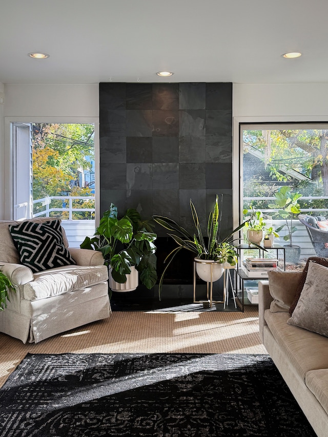 living area with recessed lighting