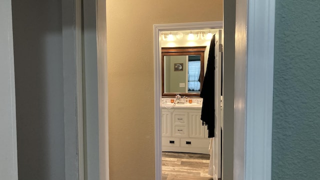 bathroom featuring a textured wall, wood finished floors, and vanity