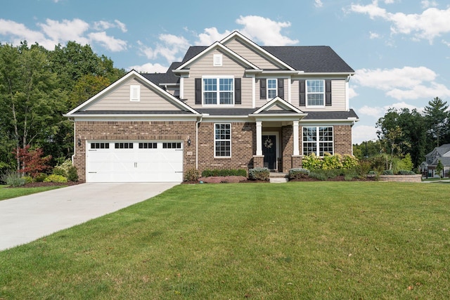 craftsman inspired home featuring concrete driveway, brick siding, and a front lawn