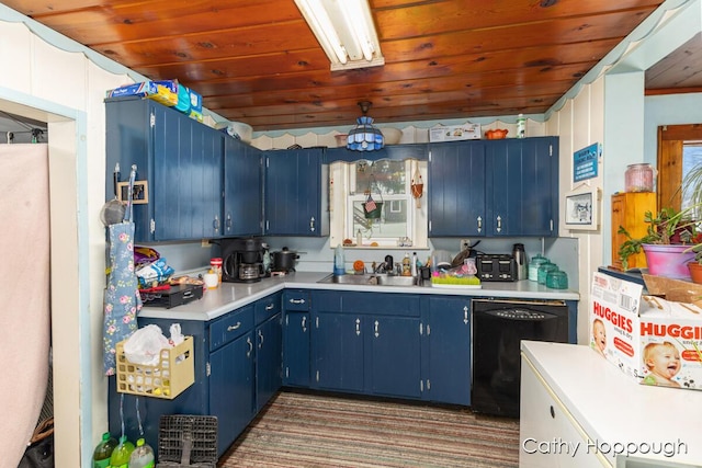 kitchen with blue cabinets, wooden ceiling, light countertops, and dishwasher