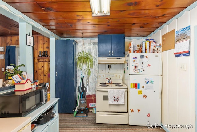 kitchen featuring light countertops, white appliances, wood ceiling, and under cabinet range hood