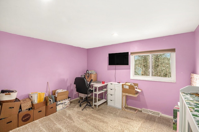 office featuring carpet flooring, visible vents, and baseboards