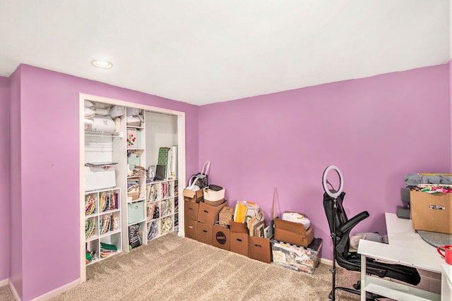 office area featuring carpet floors, baseboards, and recessed lighting