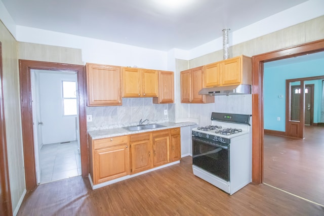 kitchen with light wood-style flooring, light countertops, white gas stove, under cabinet range hood, and a sink