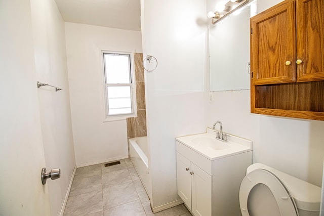 full bath featuring tile patterned flooring, toilet, visible vents, vanity, and baseboards