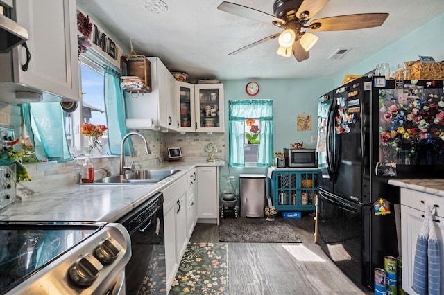 kitchen featuring a sink, white cabinetry, a healthy amount of sunlight, black appliances, and glass insert cabinets