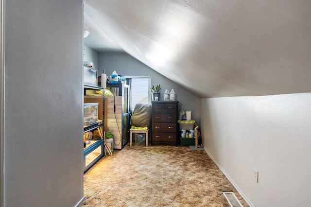 interior space with baseboards, visible vents, vaulted ceiling, and carpet flooring