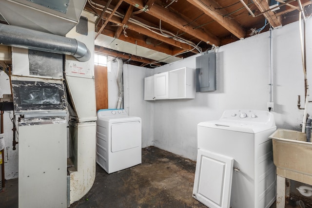 unfinished below grade area featuring washing machine and dryer and electric panel