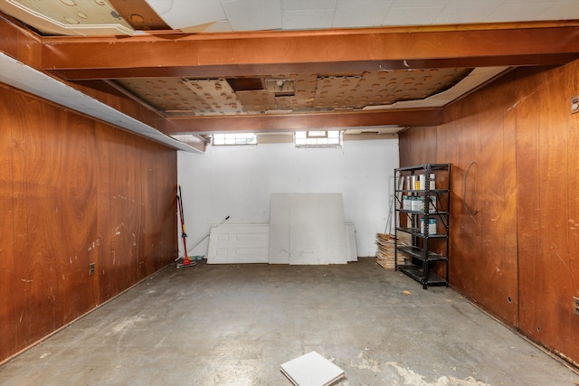 below grade area featuring wood walls