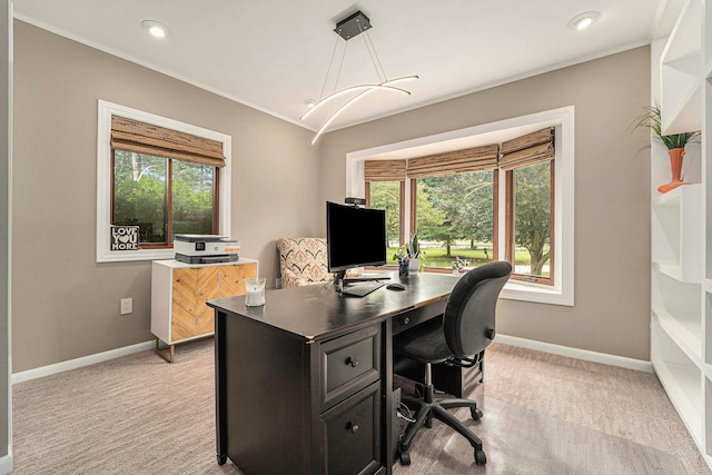 home office with recessed lighting, light carpet, crown molding, and baseboards