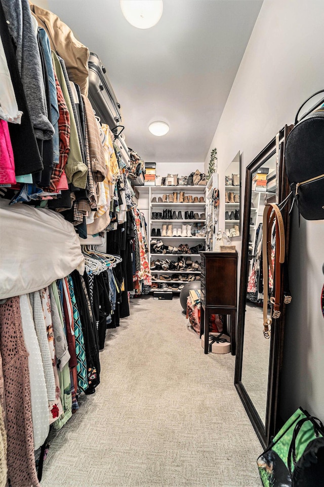 walk in closet featuring light carpet