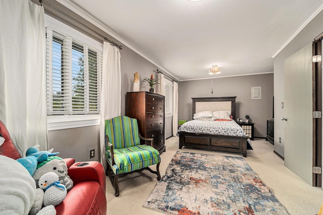 bedroom with light carpet and crown molding