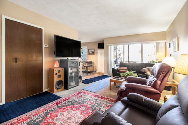 living room with carpet floors, baseboards, and a textured ceiling