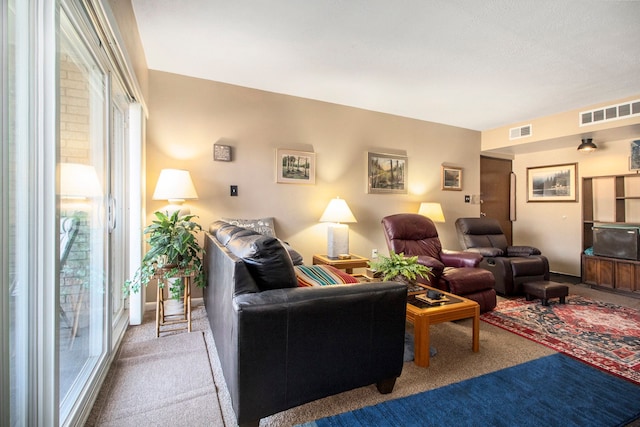 carpeted living room featuring visible vents