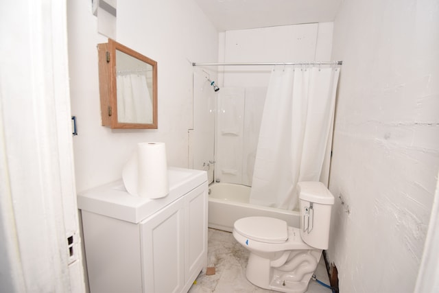 full bath featuring toilet, marble finish floor, shower / tub combo with curtain, and vanity