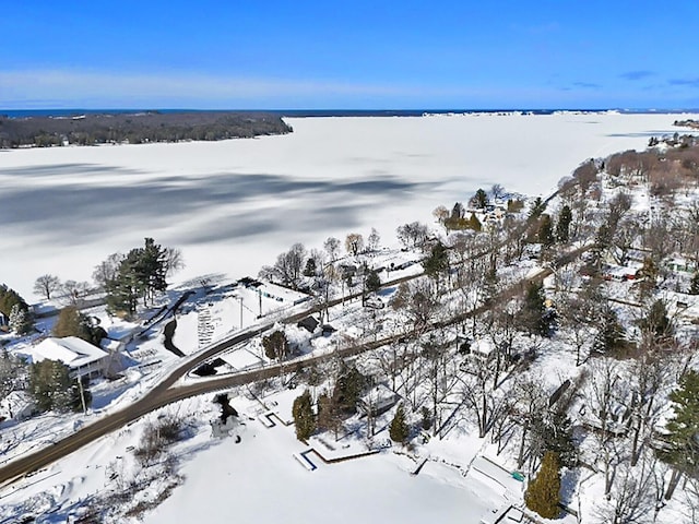 snowy aerial view with a water view