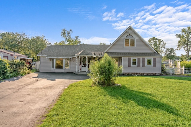 view of front of house featuring driveway, a chimney, and a front yard